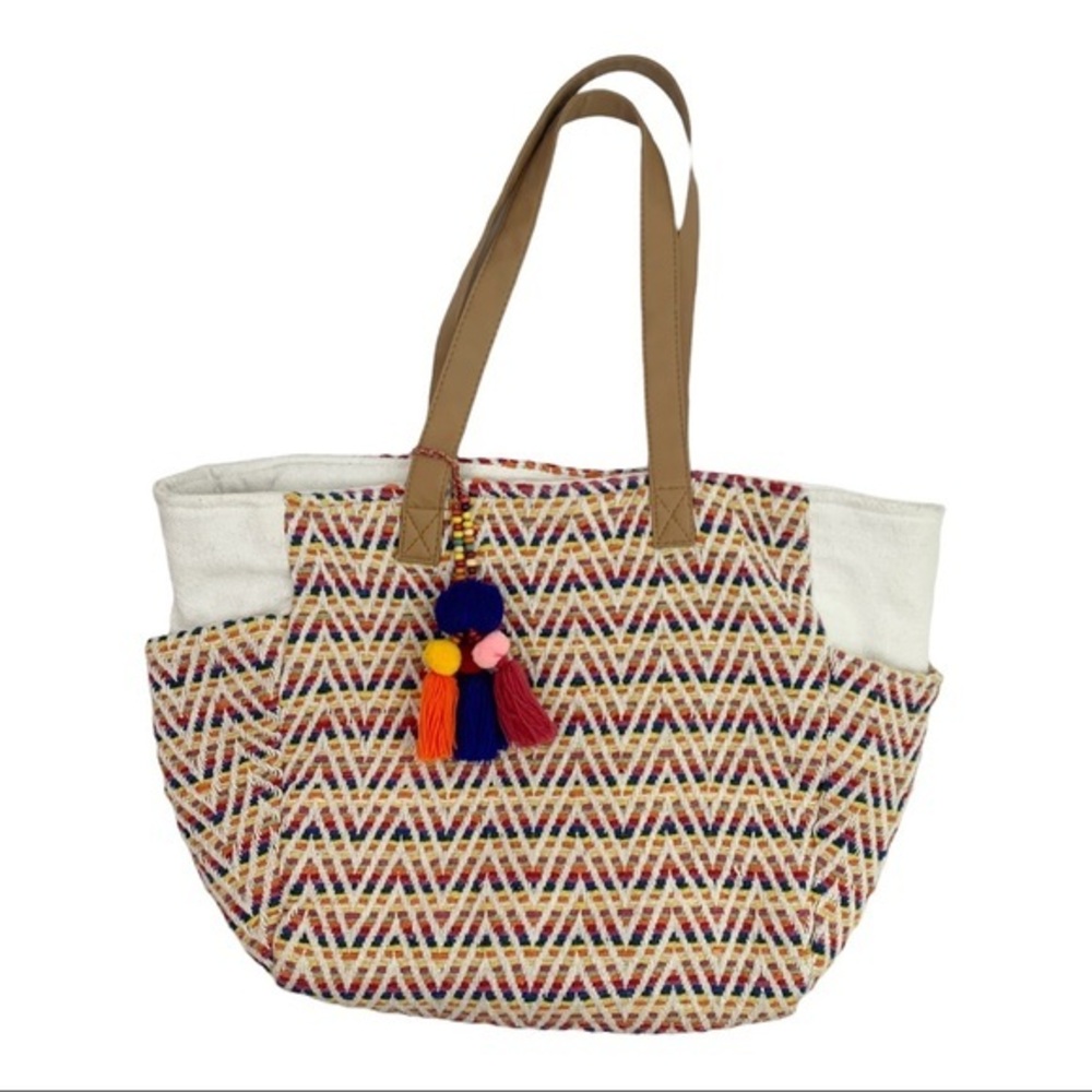 Boho Aztec Cantina Chevron Rainbow Tassel Tote Bag Purse